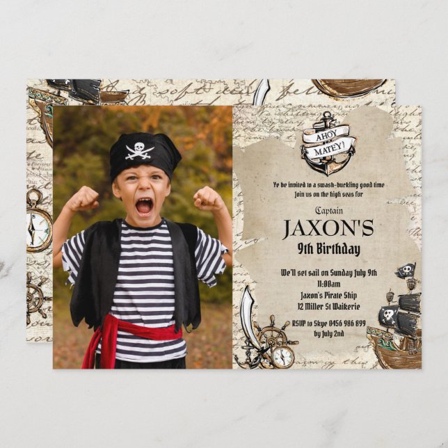 Vintage Pirat Födelsedagsfest Ahoy Matey Karta Fot Inbjudningar (Fram/baksida)