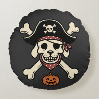 Vintage Pirat Hund Halloween Dödskalle Korslagda B Rund Kudde