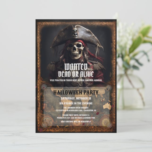 Vintage Pirat Skull Black Halloween fest Inbjudningar (Stående Fram)
