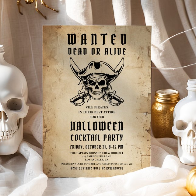 Vintage Pirat Skull Halloween Cocktail Party Inbjudningar (Vintage Pirate Skull Halloween Cocktail Party Invitation)