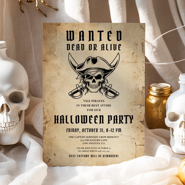 Vintage Pirat Skull Halloween fest Inbjudningar (Vintage Pirate Skull Halloween Party Invitation)