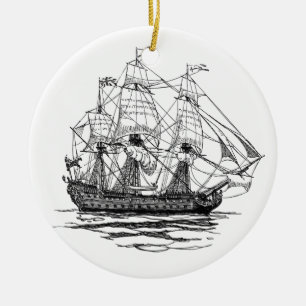 Vintage Pirater Galleon, skiss av 74 Gun Frakt Julgransprydnad Keramik