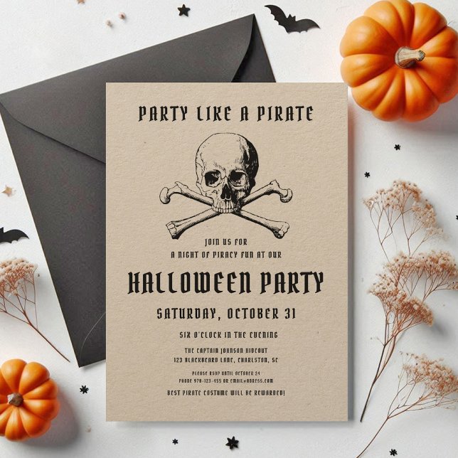 Vintage Piratskalle & Ben Halloween Inbjudningar (Vintage Pirate Skull & Bones Halloween Invitation)
