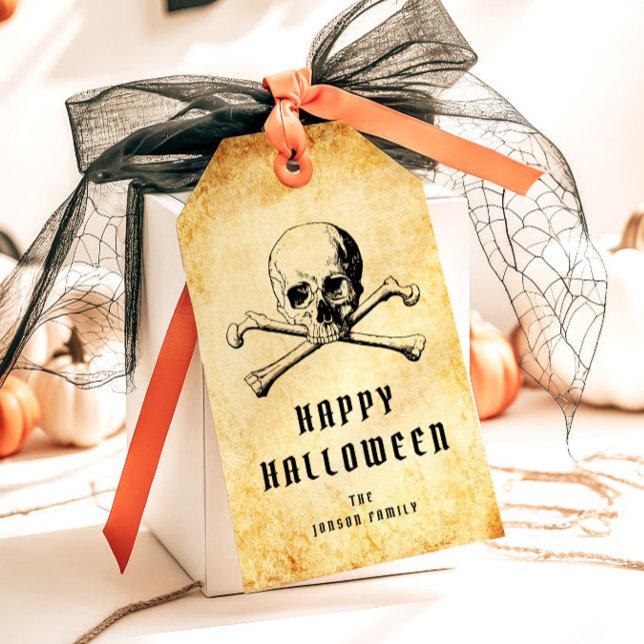 Vintage Piratskalle & Ben Halloween  Presentetikett (Vintage Pirate Skull & Bones Halloween Gift Tags)