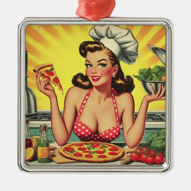 Vintage Pizza Girl Julgransprydnad Metall (Framsidan)