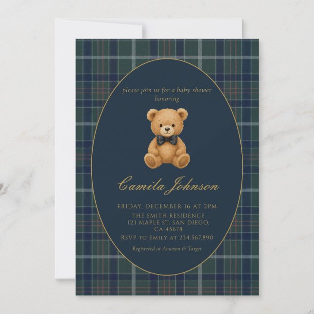 Vintage Plaid Teddy Bear Baby Shower Invitation Inbjudningar (Framsida)