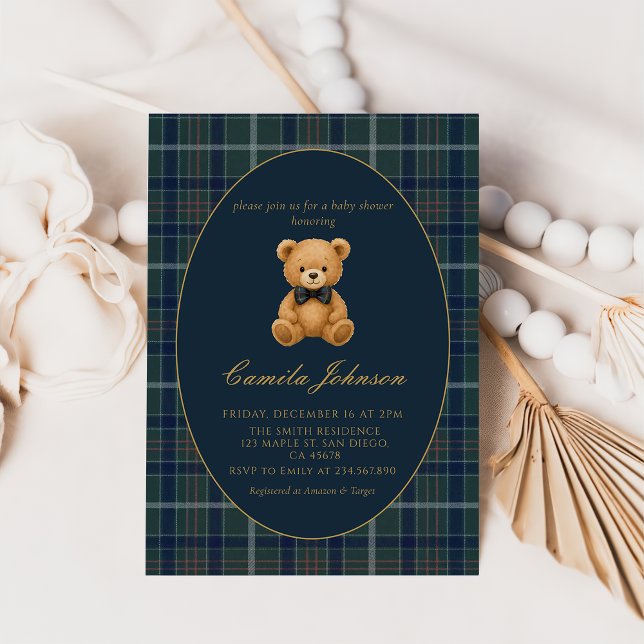 Vintage Plaid Teddy Bear Baby Shower Invitation Inbjudningar (Skapare uppladdad)