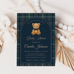 Vintage Plaid Teddy Bear Lyx Baby Shower Inbjudningar