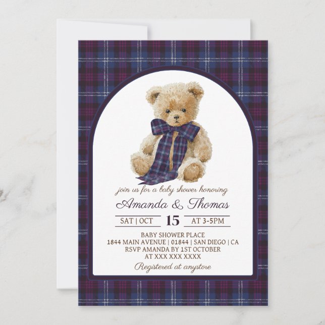 Vintage Plaidbjörn Babyshower Inbjudningar (Framsida)