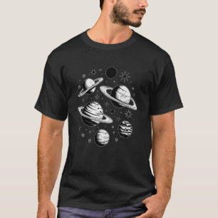 Vintage Planeter Bläck Linje Retro Astronomisk Stj T Shirt
