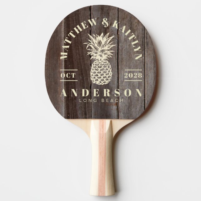 Vintage Planks Tropisk Ananas Bröllop Pingisracket (Baksidan)
