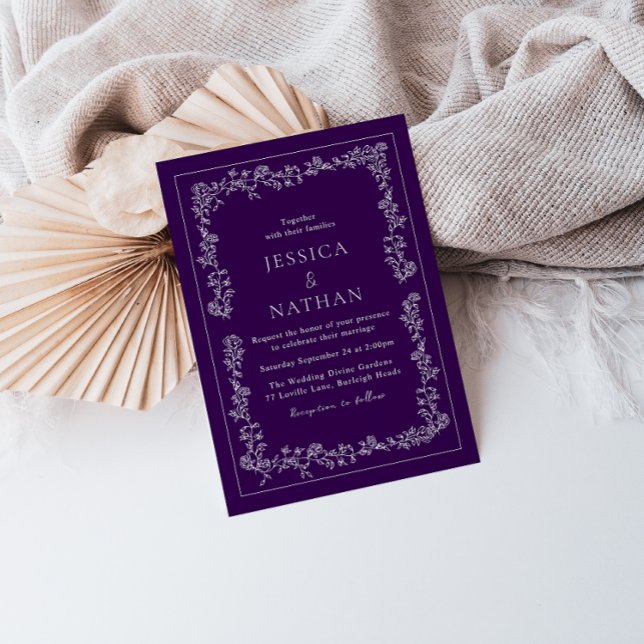 Vintage Plum & White Blommigt Bröllop Inbjudningar (Skapare uppladdad)