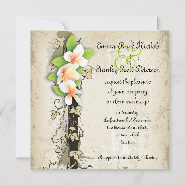 Vintage plumeria och inbjudan till bröllopsbeige (Framsida)