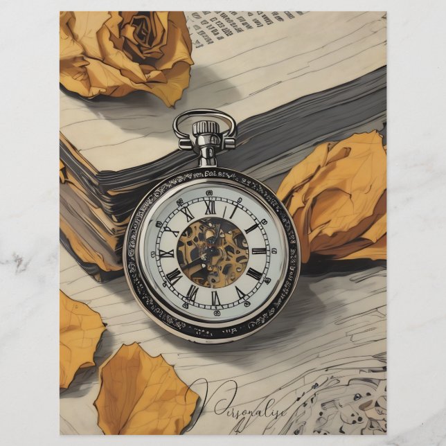 Vintage Pocket Watch Ro Blommigt Scrapbook Papper (Framsida)