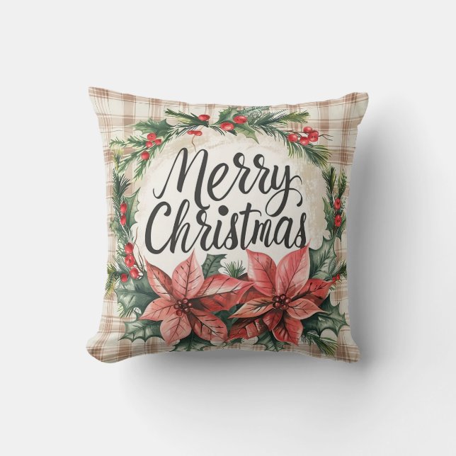 Vintage Poinsettia God Jul Kudd Kudde (Framsida)