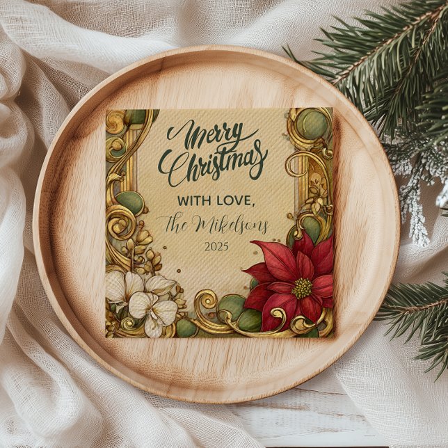 Vintage Poinsettia Guld Rulla jul Pappersservett (Skapare uppladdad)