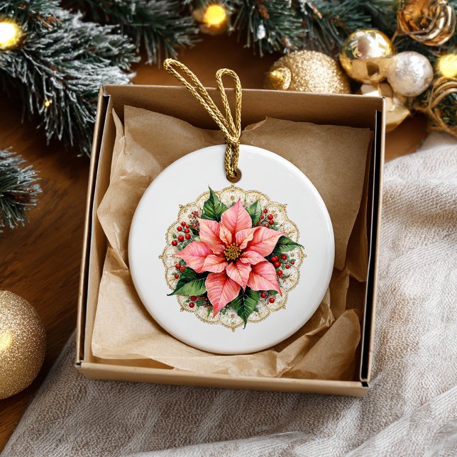 Vintage Poinsettia Knyppling Julgransprydnad Keramik (Skapare uppladdad)