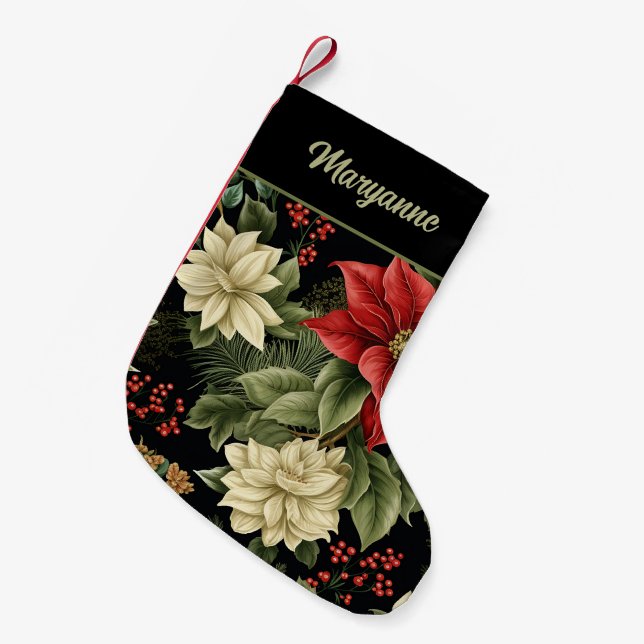 Vintage Poinsettia Mönster på Black Liten Julstrumpa (Framsidan (Hängande))