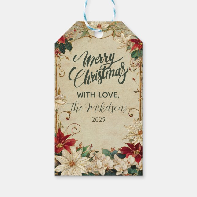 Vintage Poinsettia och Holly-julen Presentetikett (Framsidan)