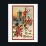 Vintage Poinsettias, kyrka och jul Hälsning Vykort<br><div class="desc">Vintagens vinjett med maskördar som går till stenkyrkan på vintern med poinsettias och röd och guld scollwork gräns och A God jul hälsning i Gamla engelska skript. Baksidan har kompletterande grafik och redigerbar fält.</div>