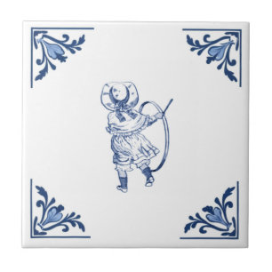 Vintage pojke & Hoop-leksak Delft hörn Blått och V Kakelplatta