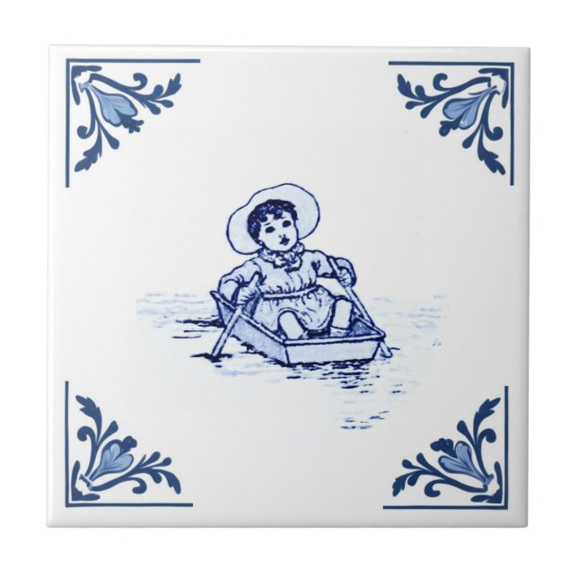 Vintage Pojke i Roddbåt Delft Blå & Vit Kakelplatta (Framsidan)