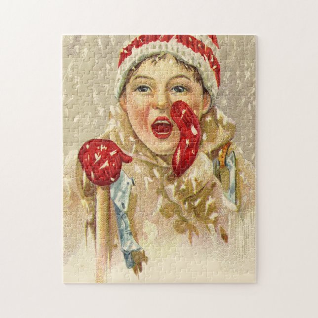 vintage pojke i snö pussel (Vertikal)