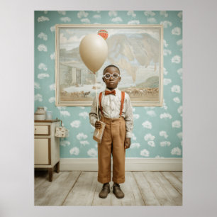 Vintage Pojke Med Ballong Porträtt Poster