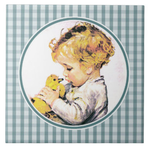 Vintage Pojke med Duckling Påsk Gift Kakelplatta