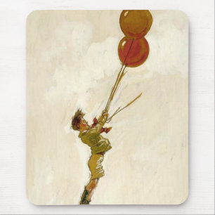 Vintage pojke med röda ballonger på en födelsedags musmatta