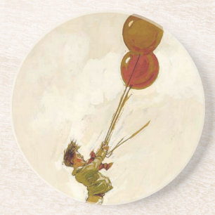 Vintage pojke med röda ballonger på en födelsedags underlägg sandsten