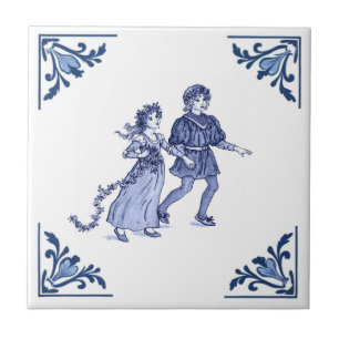 Vintage pojke och flicka Delft hörn Blått och Vitt Kakelplatta