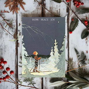 Vintage Pojke på Skidor Bewundrar Julstjärnan Helgkort