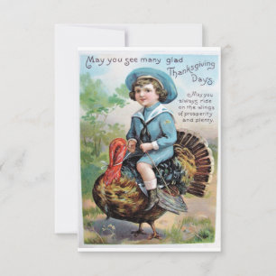 Vintage Pojke Ridning på Kalkon Thanksgiving Hälsn Kort
