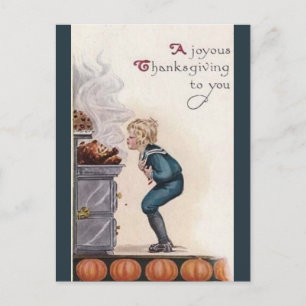 Vintage Pojke sniffar på kalkon Thanksgiving Vykort