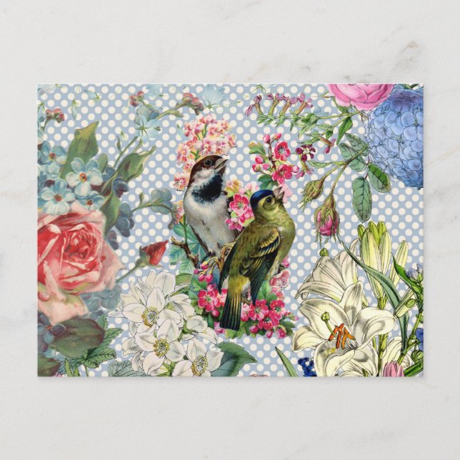Vintage polka dots fågelfärgade blommor vykort (Framsida)