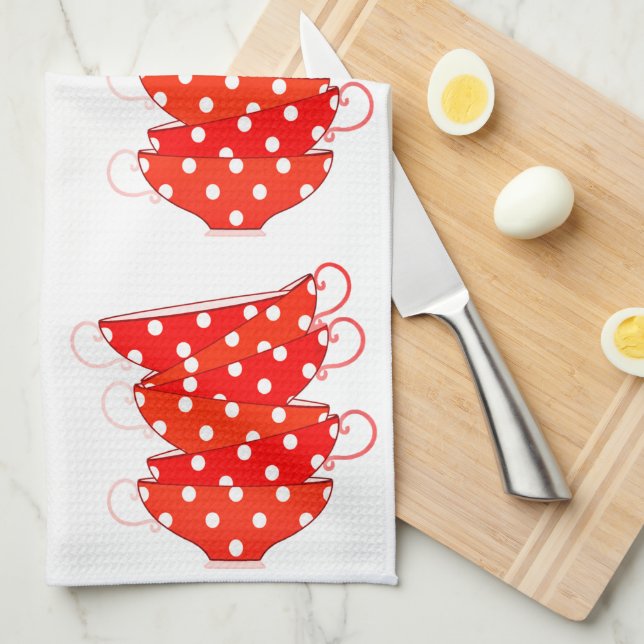 Vintage Polka punkt tekopp röd vit Kökshandduk (Vikt i Fjärdedel)