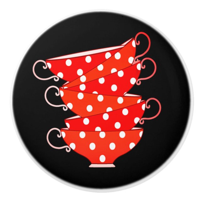 Vintage polka tekopp röd vit svart, söt knopp (Framsidan)