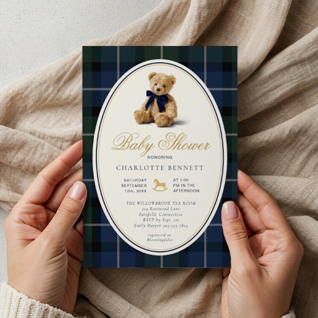 Vintage Polo Teddy Bear Plaid Baby Shower Inbjudningar (Timeless Baby Shower Invitation)