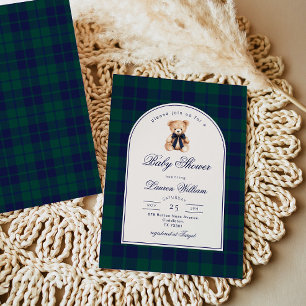 Vintage Polo Teddybjörn Navy Plaid Baby Shower Inbjudningar