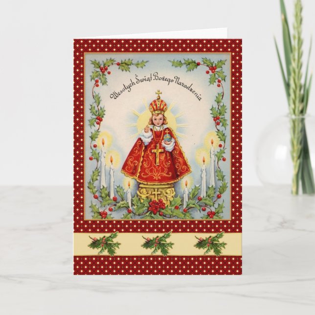 Vintage Polsk jul med kung & holly Helgkort (Framsida)