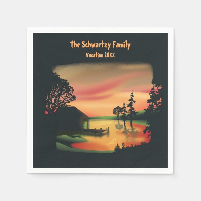 Vintage Pond sunset pontoon escape grönt red Pappersservett (Framsidan)