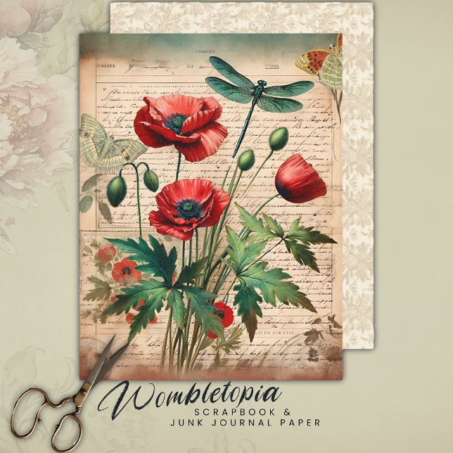 Vintage Poppies & Dragonfly Botaniska Ephemera (Skapare uppladdad)