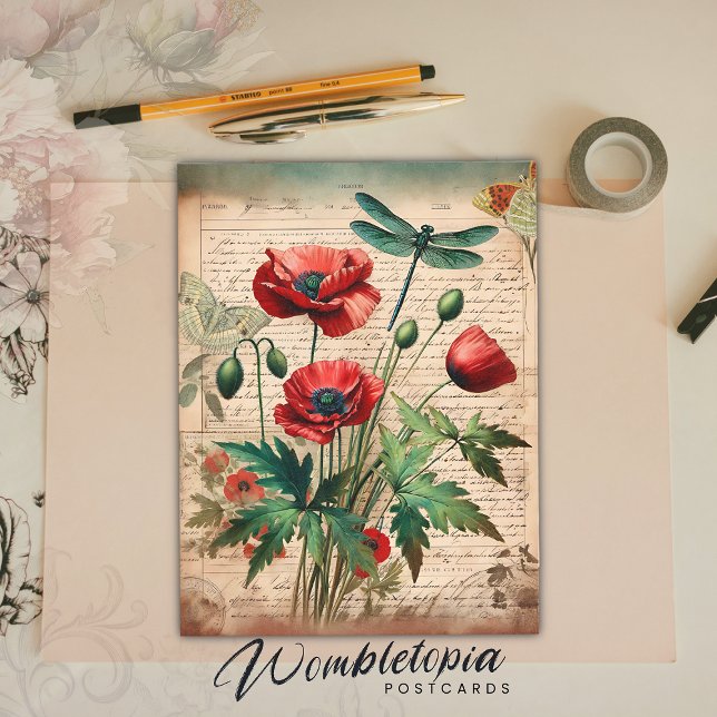 Vintage Poppies & Dragonfly Botaniska Ephemera Vykort (Skapare uppladdad)
