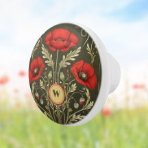 Vintage Poppies Gold Red Art Nouveau Monogram