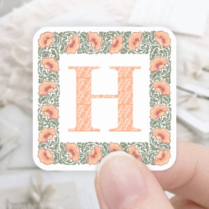 Vintage Poppies Orange Blommigt & Greenery Monogra Fyrkantigt Klistermärke
