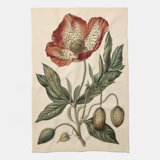 Vintage Poppy Botanical Illustration Kökshandduk (Vertikal)