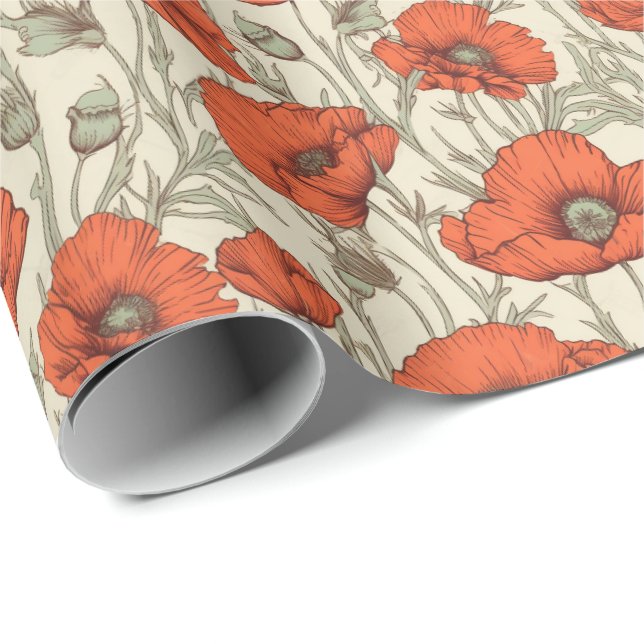 Vintage Poppy Flowers Presentpapper (Rullad Hörn)