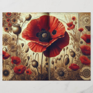 Vintage Poppy Scrapbook Papper - Shabby chic Blomm