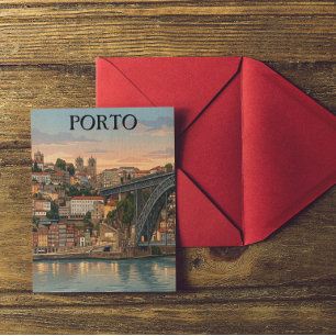 Vintage Porto Portugal Stad Illustration Resa Vykort